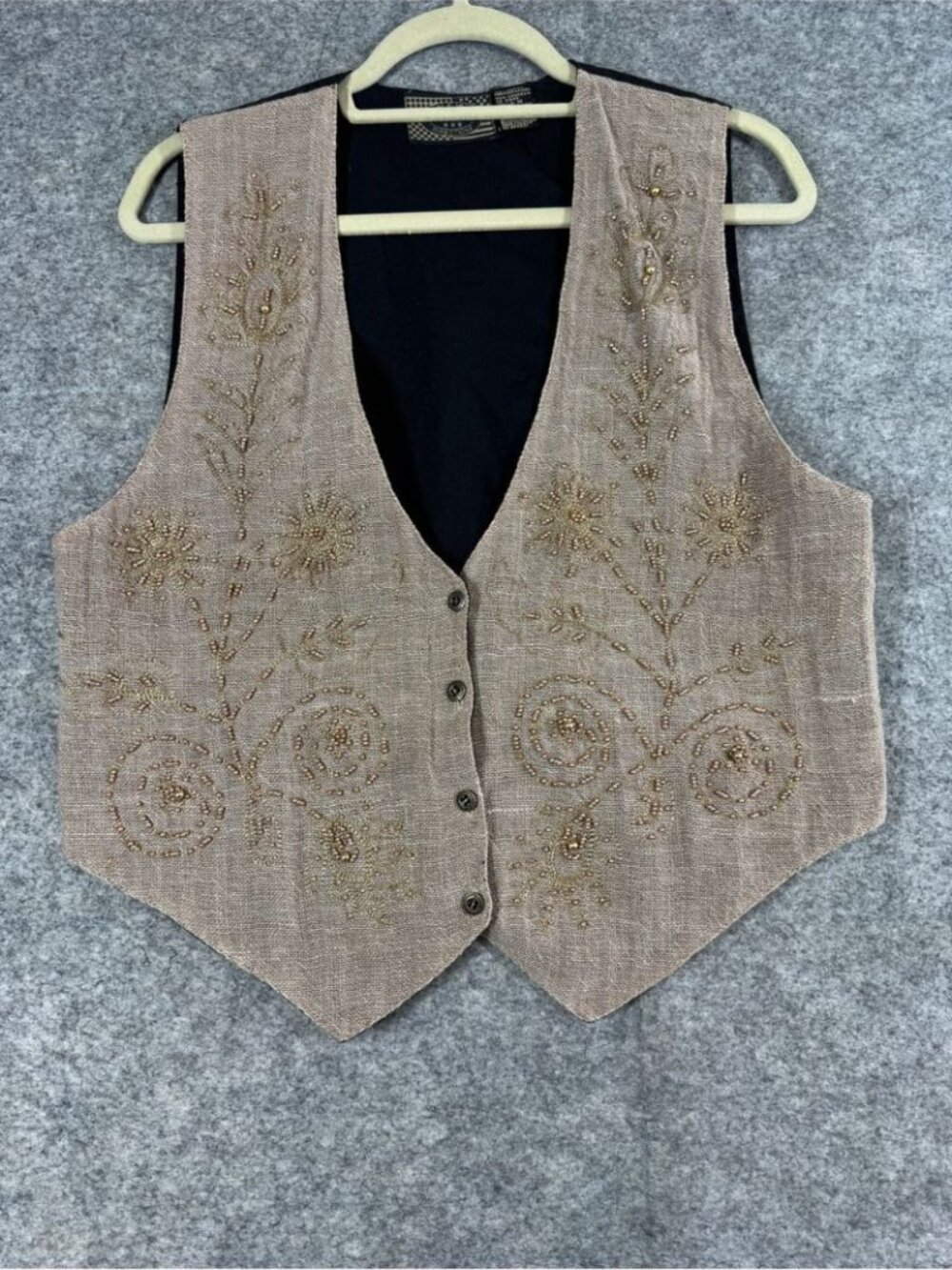 Vintage Beaded Linen Blend Vest Taupe Medium Boho Western Cottagecore Festival - Picture 2 of 16